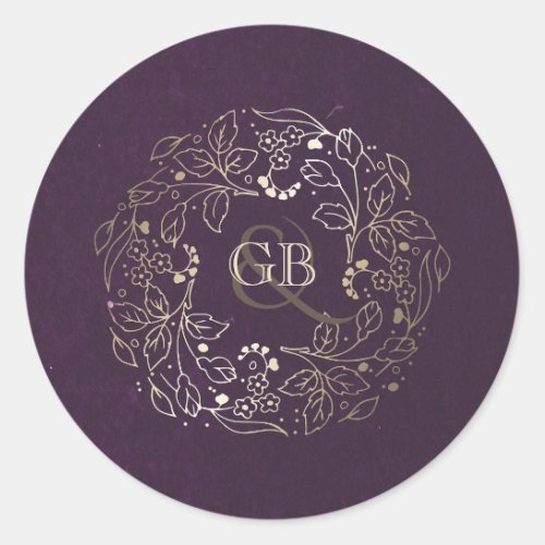 Vintage Plum and Gold Floral Wreath Wedding Classic Round Sticker - Gold and plum purple old retro wedding stickers - seals with romantic flowers wreath