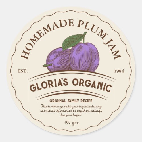 Vintage Plum Fruit Jam Custom Product Label