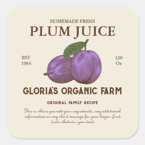 Vintage Plum Fruit Juice Custom Product Label