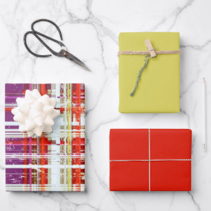 Vintage Plum Peach Grape Retro Plaid 2 Set 3 Wrapping Paper Sheets