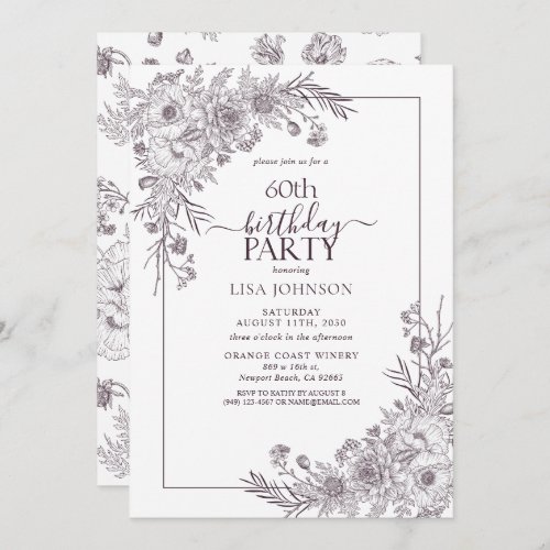 Vintage Plum Purple Floral Line Art 60th Birthday Invitation