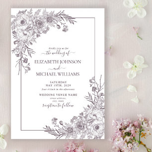 Vintage Plum Purple Floral Line Art Script Wedding Invitation