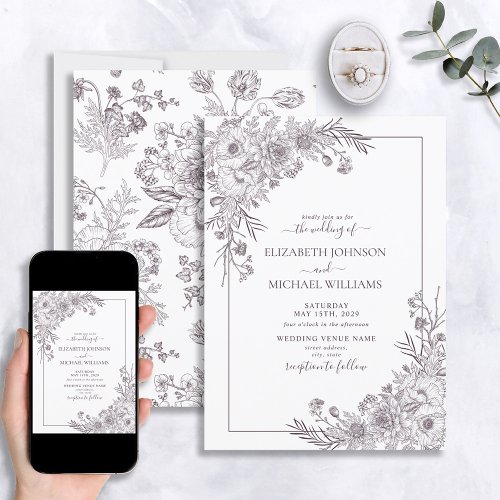 Vintage Plum Purple Floral Line Art Script Wedding Invitation