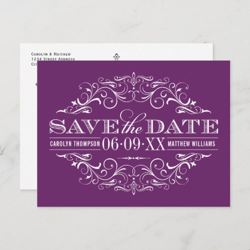 Vintage Plum Purple Flourish Wedding Save the Date Announcement Postcard