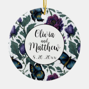 Vintage plum purple magenta floral butterflies ceramic ornament