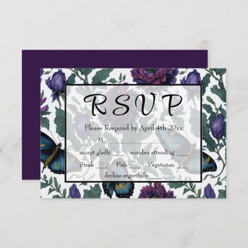 Vintage plum purple magenta floral butterflies  RSVP card