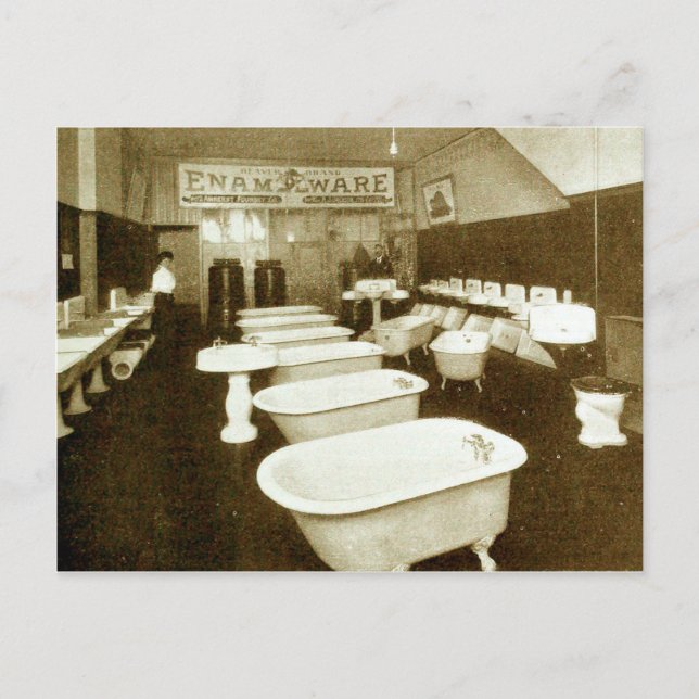 Vintage plumbing display showroom with bathtubs postcard (Front)
