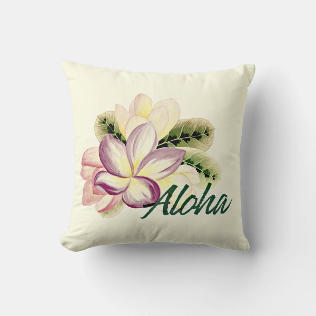 Vintage Plumeria Aloha Throw Pillow (Front)
