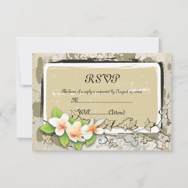 Vintage plumeria and ivy beige wedding RSVP card (Front)