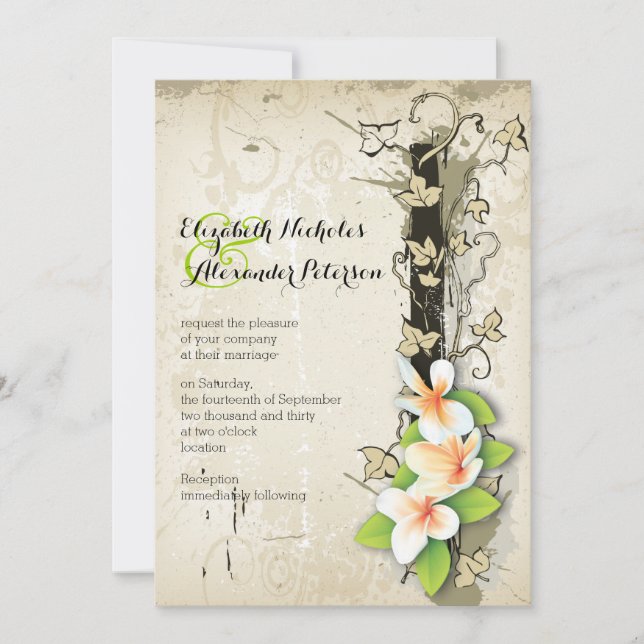 Vintage plumeria and ivy custom beige wedding invitation (Front)