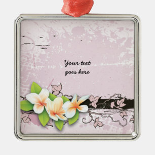 Vintage plumeria and ivy pink grunge ornament