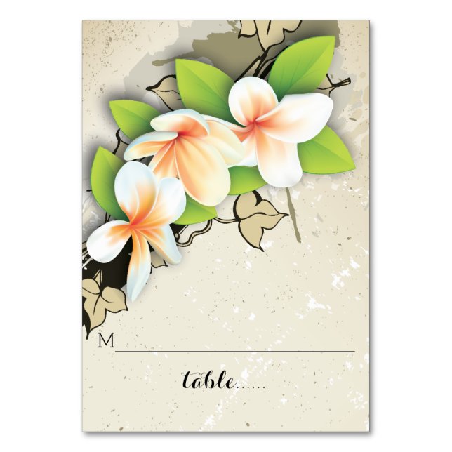 Vintage plumeria beige wedding folded place card (Front)