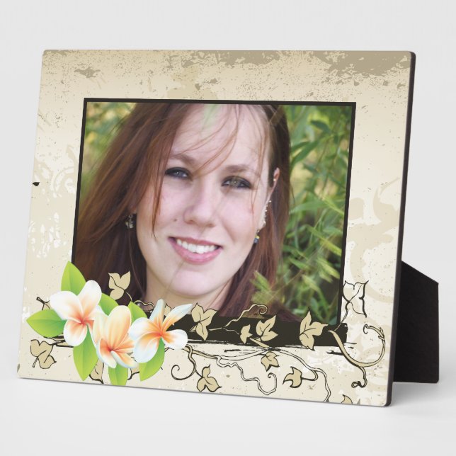 Vintage plumeria/frangipani and ivy beige photo plaque (Side)