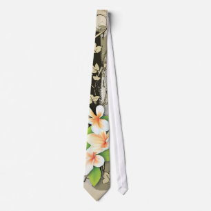 Vintage plumeria/frangipani and ivy beige tie
