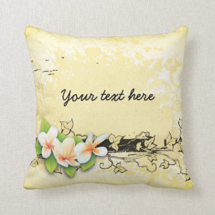 Vintage plumeria/frangipani and ivy yellow throw pillow