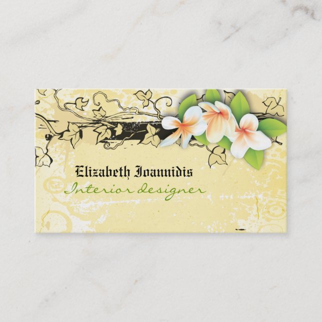 Vintage plumeria interior designer business card (Front)