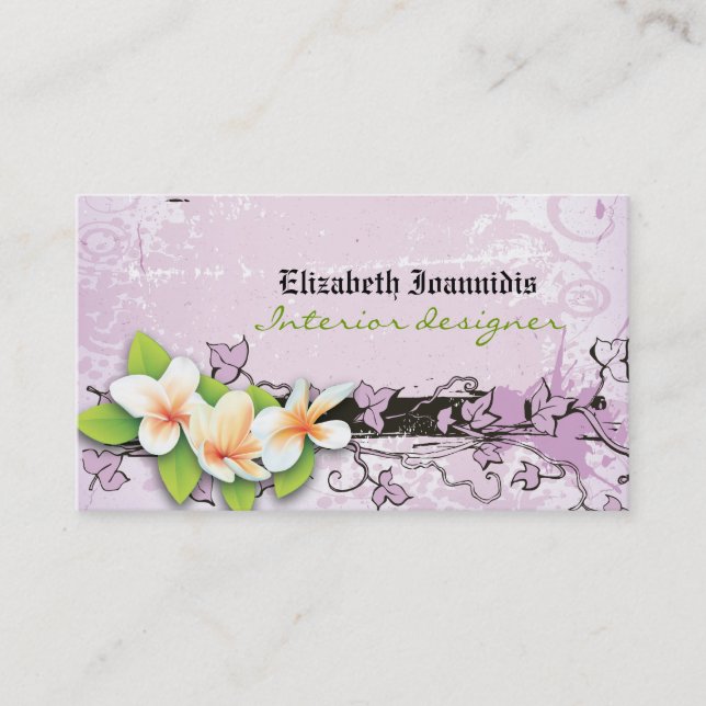 Vintage plumeria interior designer business card (Front)