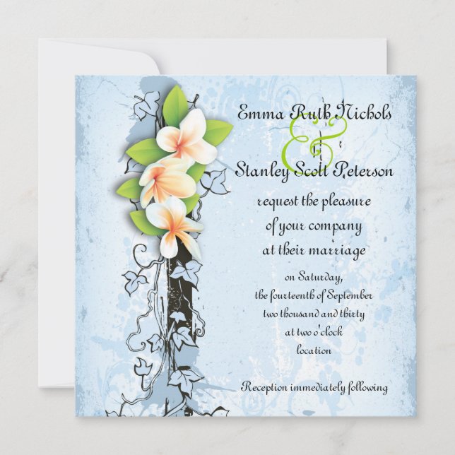 Vintage plumeria ivy blue white wedding invitation (Front)