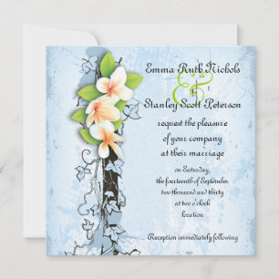 Vintage plumeria ivy blue white wedding invitation