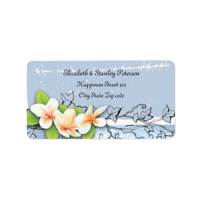 Vintage plumeria ivy blue white wedding label (Front)