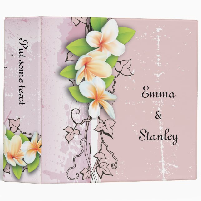 Vintage plumeria ivy pink white wedding binder (Front/Spine)