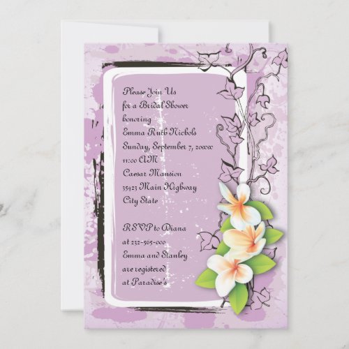 Vintage plumeria ivy purple white bridal shower custom invitations