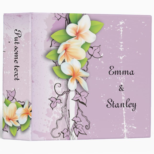 Vintage plumeria ivy purple white wedding binder (Front/Spine)