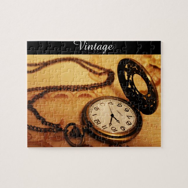 Vintage pocket watch photography on puzzle (Horizontal)