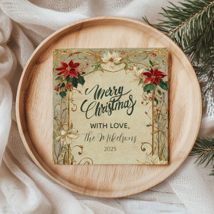 Vintage Poinsettia and Holly Christmas Napkins