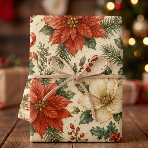 Vintage Poinsettia and Holly Christmas  Wrapping Paper Sheets
