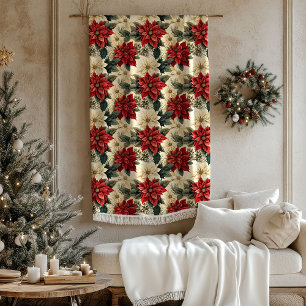 Vintage Poinsettia Blanket Red & White Holiday Art