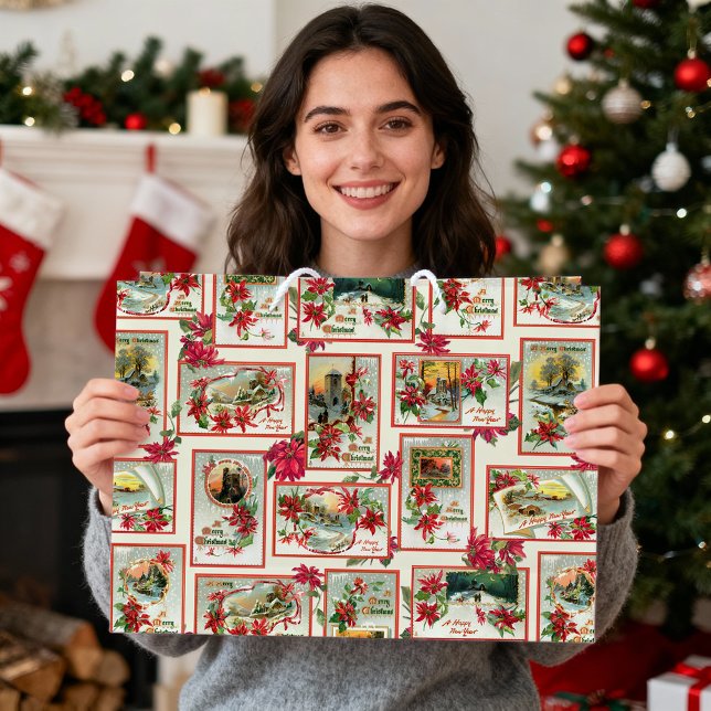 Vintage Poinsettia Christmas Card Collage Large Gift Bag (Creator Uploaded)