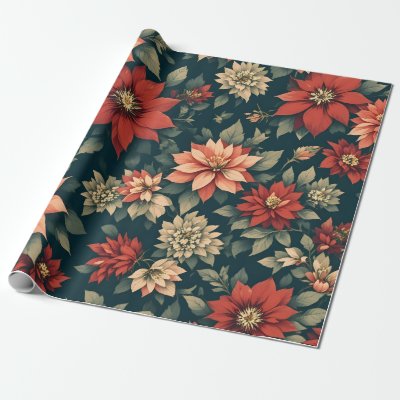 Vintage Poinsettia Christmas Gift Wrap Pattern