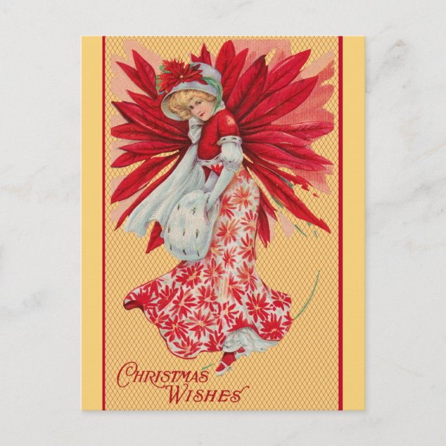 Vintage Poinsettia Christmas Wishes Postcard (Front)