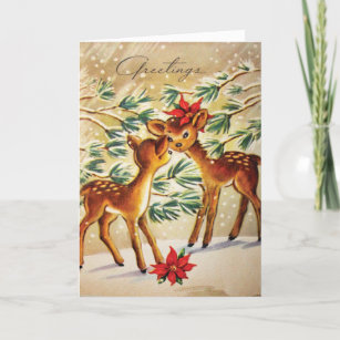 Vintage Poinsettia Deer In Snow Christmas Holiday Card