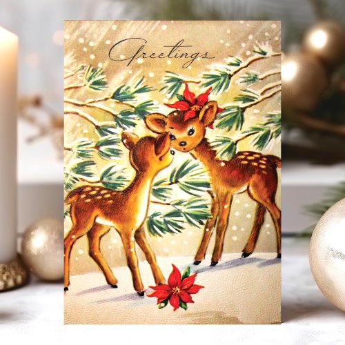 Vintage Poinsettia Deer In Snow Christmas Holiday Card