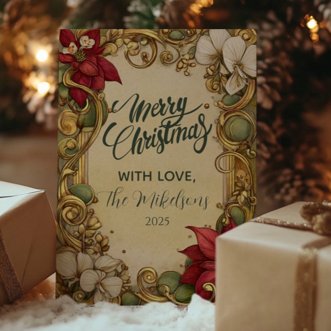 Vintage Poinsettia Gold Scroll Christmas Holiday Card (Creator Uploaded)