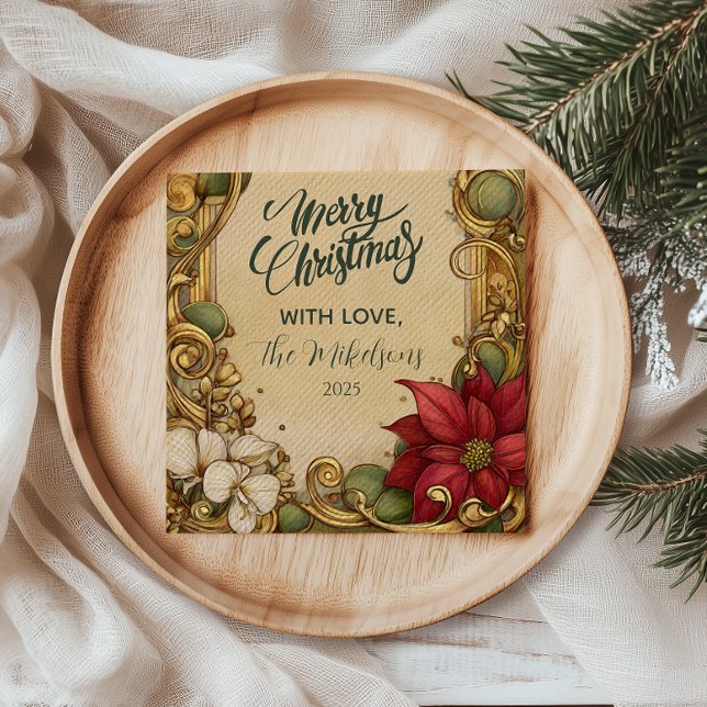 Vintage Poinsettia Gold Scroll Christmas Napkins (Creator Uploaded)