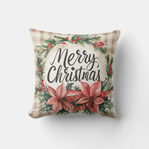 Vintage Poinsettia Merry Christmas Pillow