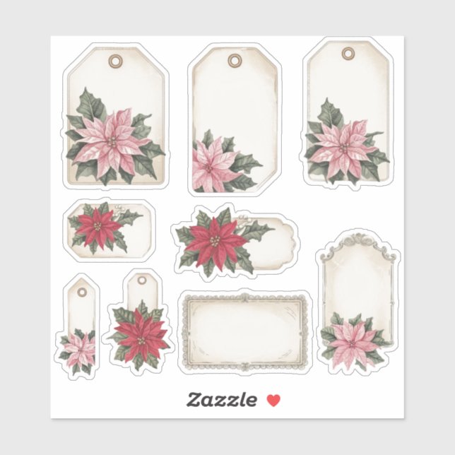 Vintage Poinsettia Note Cards Ephemera Stickers (Sheet)
