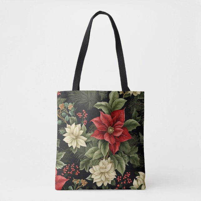 Vintage Poinsettia Pattern Christmas Tote Bag (Front)