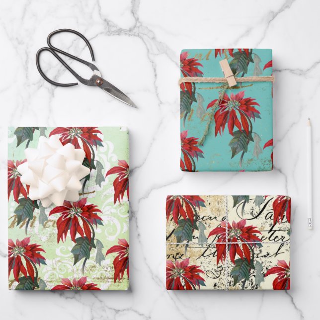 Vintage Poinsettia Pattern Wrapping Paper Sheets (Front)