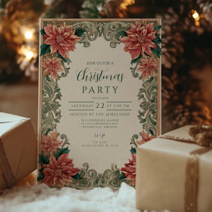 Vintage Poinsettia Scrollwork Christmas Invitation