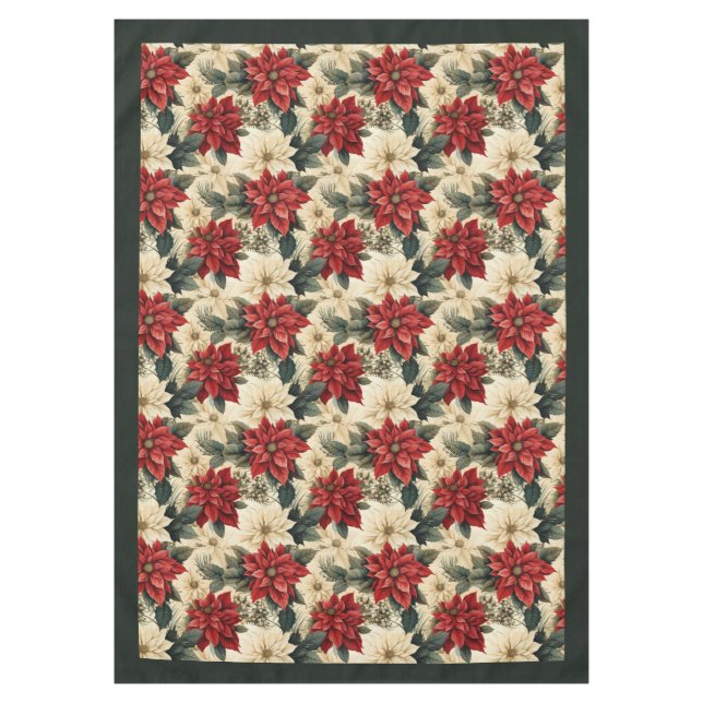 Vintage Poinsettia Tablecloth Cottagecore Holiday (Front)