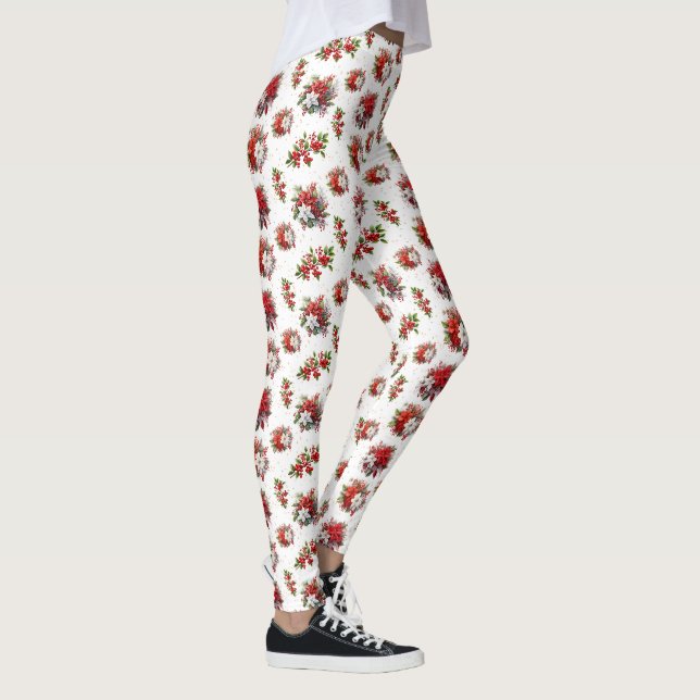 Vintage Poinsettias And Holly Christmas White Leggings (Right)