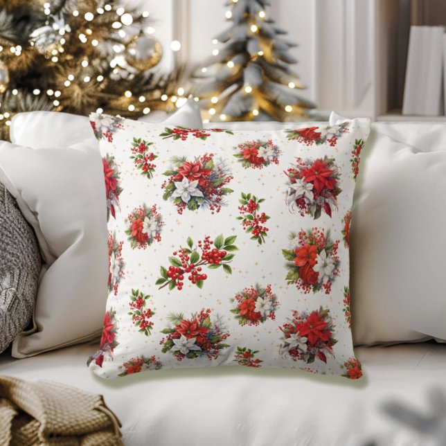 Vintage Poinsettias And Holly Christmas White Throw Pillow (Creator Uploaded)