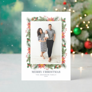 Vintage Poinsettias and Pine Needles Christmas Letterpress Photo Cards