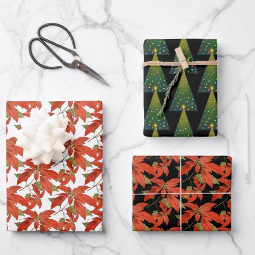 Vintage Poinsettias and Retro Christmas Trees Wrapping Paper Sheets