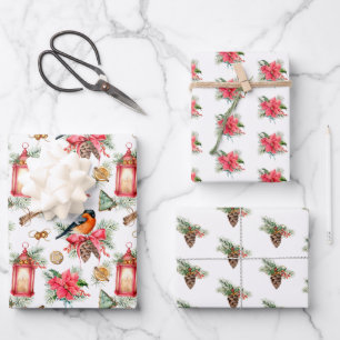 Vintage Poinsettias, Birds and Pinecones Wrapping Paper Sheets