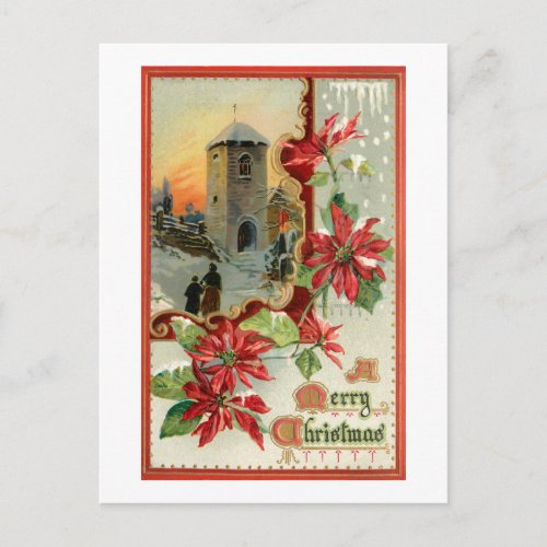 Vintage Poinsettias Church and Christmas Greeting Postcard